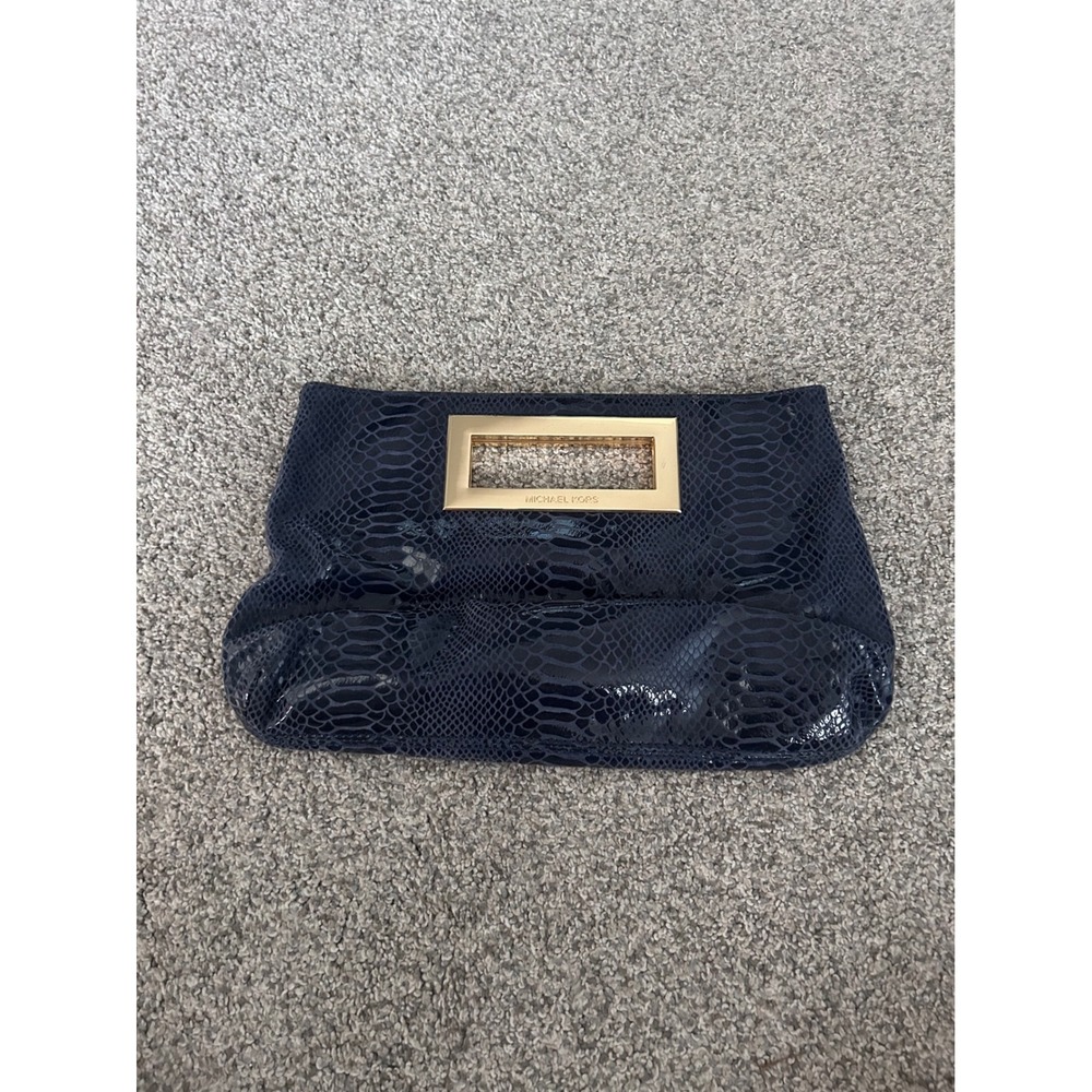 Michael Kors Navy Blue Snakeskin Embossed Patent Leather Gold Handle Clutch Bag